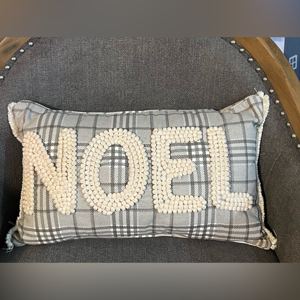 20” X 12” Gray plaid Lumbar throw pillow with NOEL in off White